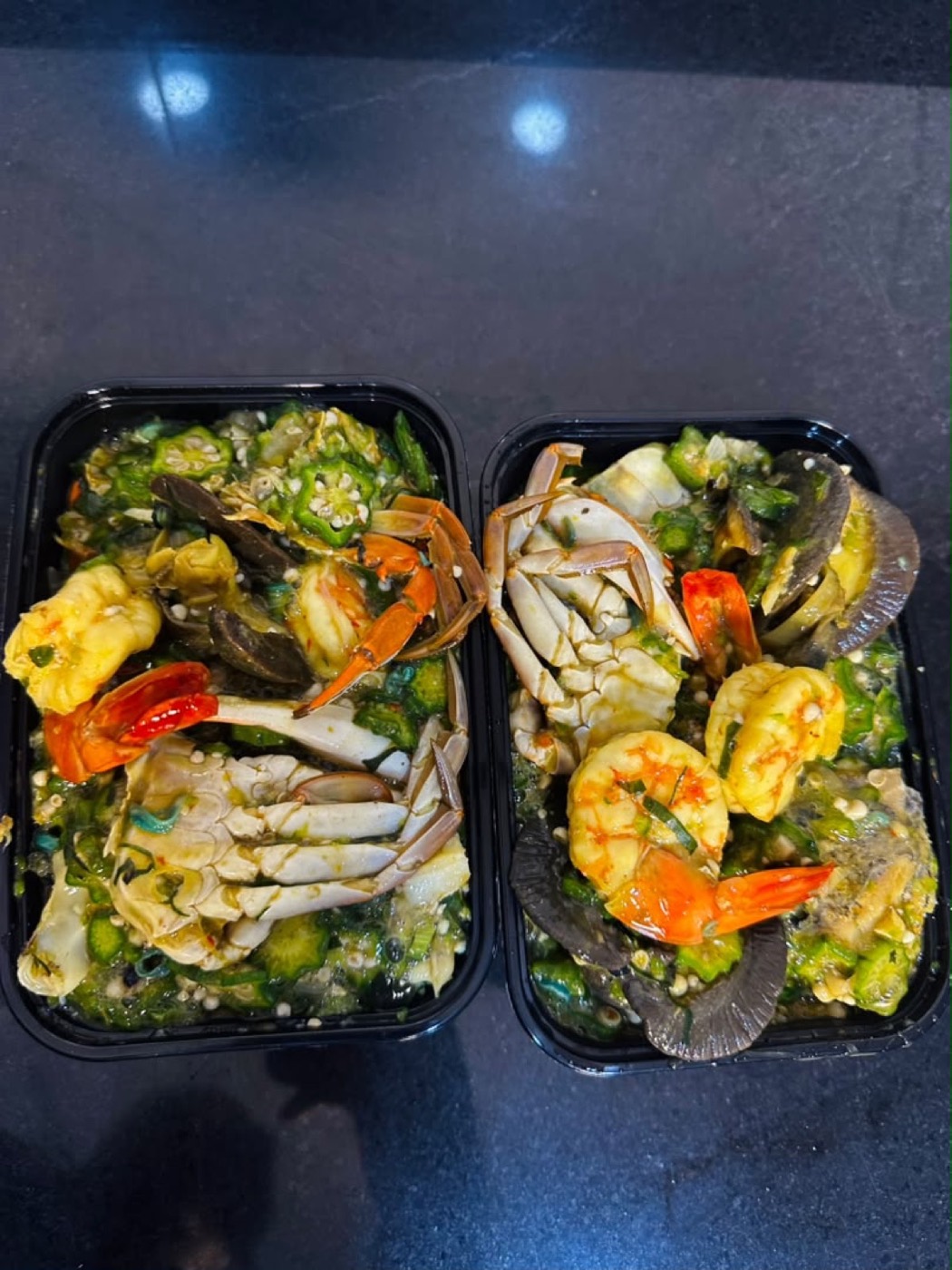 Seafood okra with crab, prawns and periwinkles